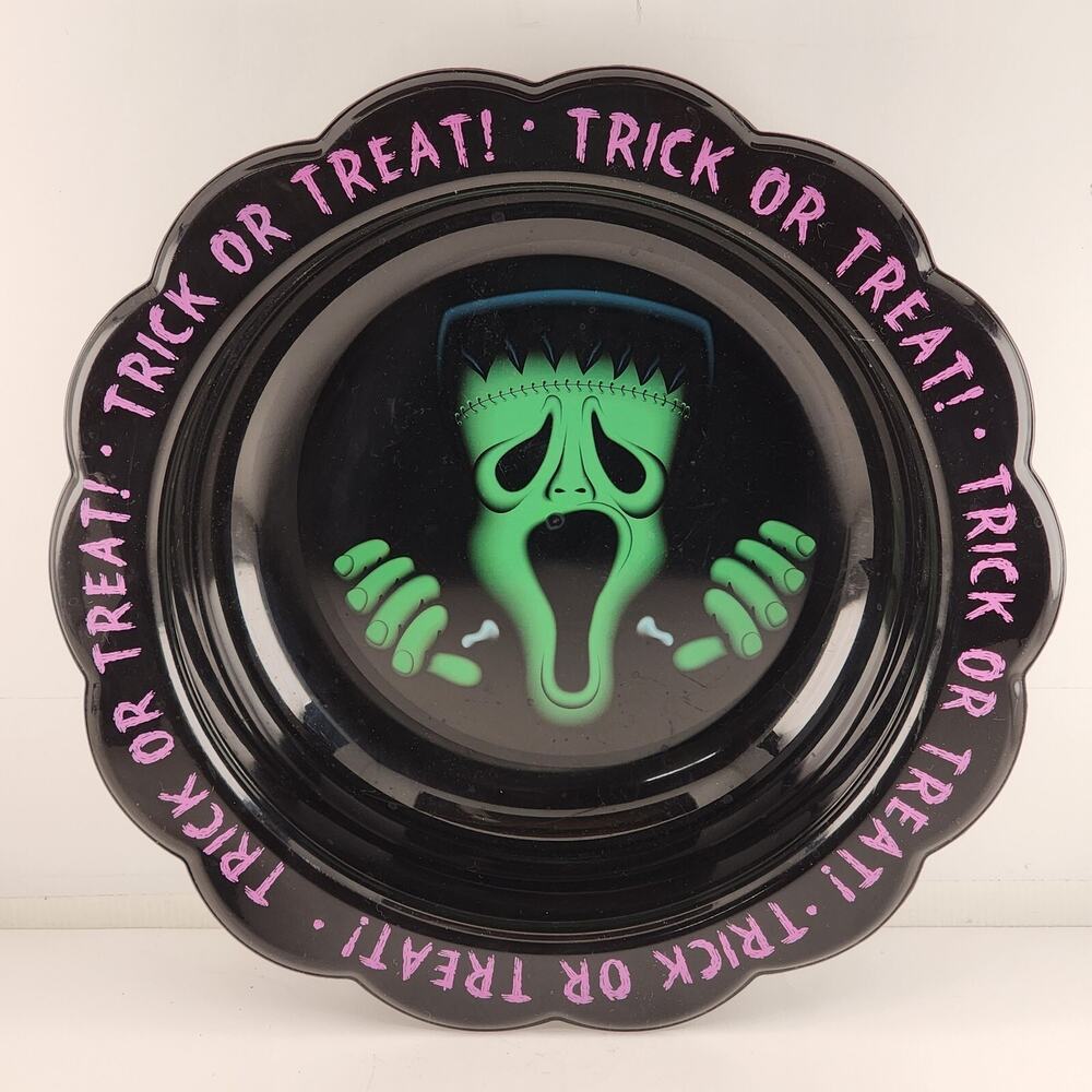 Frankenstein Ghost Face Cool Gear Halloween Black Plastic Candy Bowl 14" 2000's